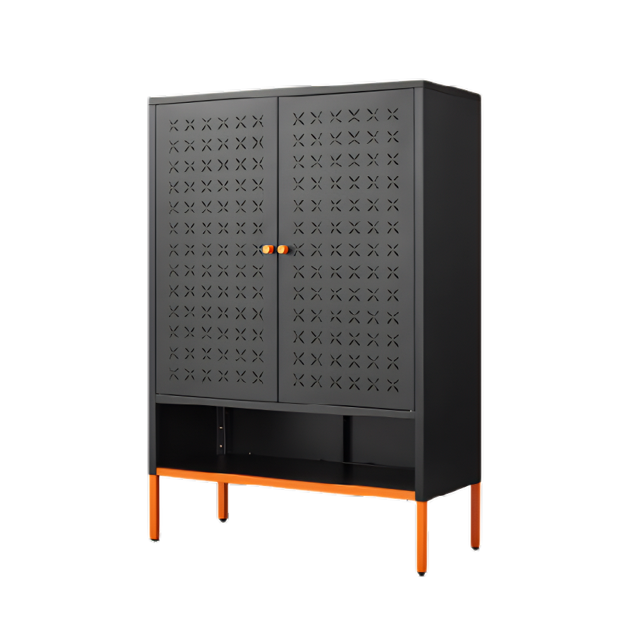 Modern Steel Shoe Cabinet with Double Doors – Black Storage Organizer with Adjustable Shelves & Open Bottom Rack for Entryway or Living Room
