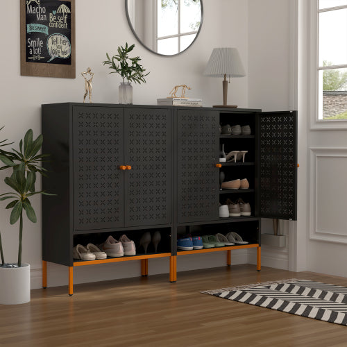 Modern Steel Shoe Cabinet with Double Doors – Black Storage Organizer with Adjustable Shelves & Open Bottom Rack for Entryway or Living Room