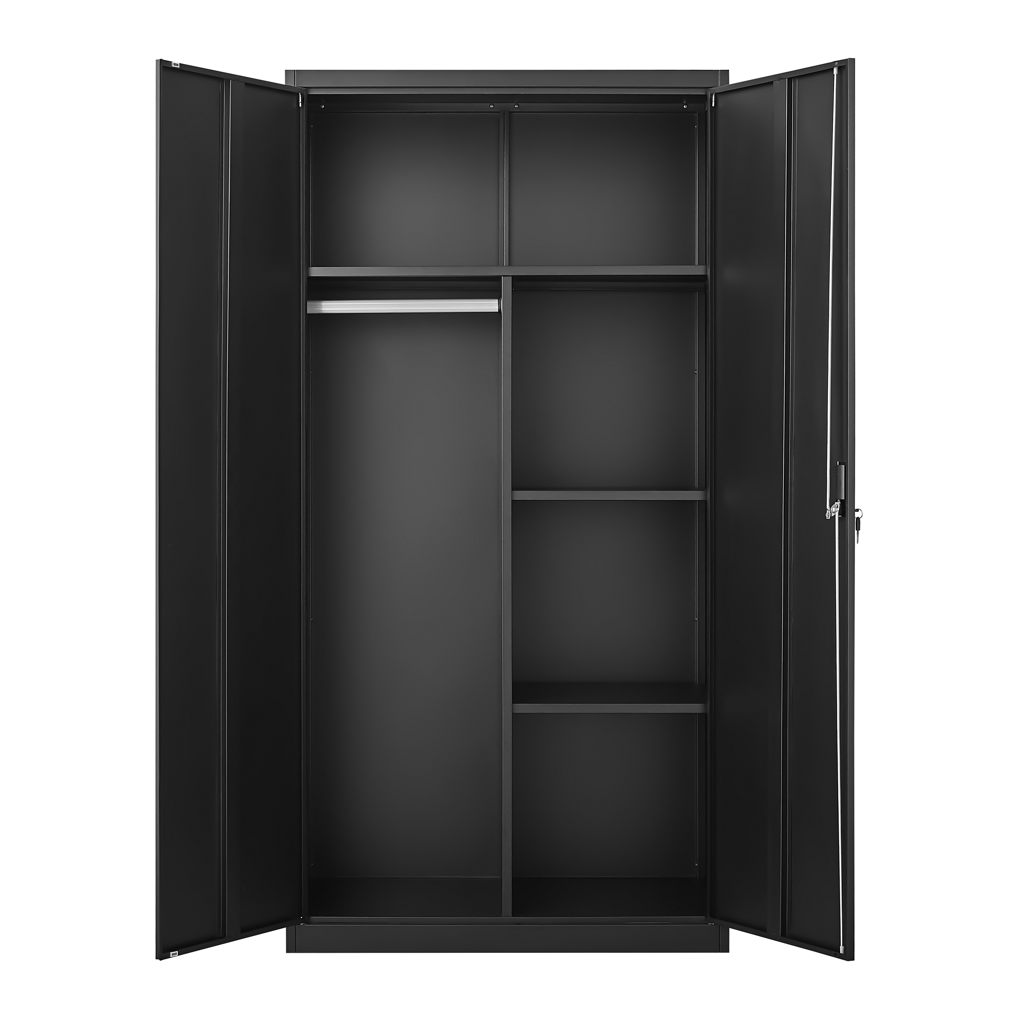 Black Metal Wardrobe with Compartments – Lockable Steel Storage Closet