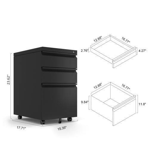 Black 3-Drawer Mobile Filing Cabinet with Lock – Metal Office Storage for Legal/Letter Files