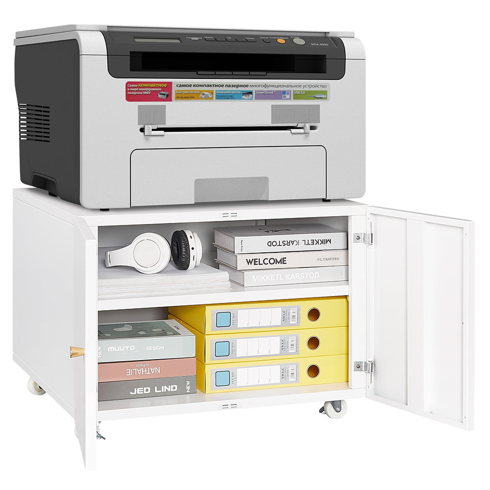 White Rolling Printer Stand with Storage Cabinet, Adjustable Shelf & Door, Mobile File Cabinet on Wheels, Space - Saving for Home Office,Required Assembly