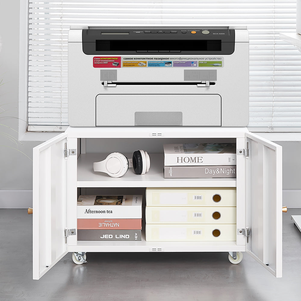 White Rolling Printer Stand with Storage Cabinet, Adjustable Shelf & Door, Mobile File Cabinet on Wheels, Space - Saving for Home Office,Required Assembly