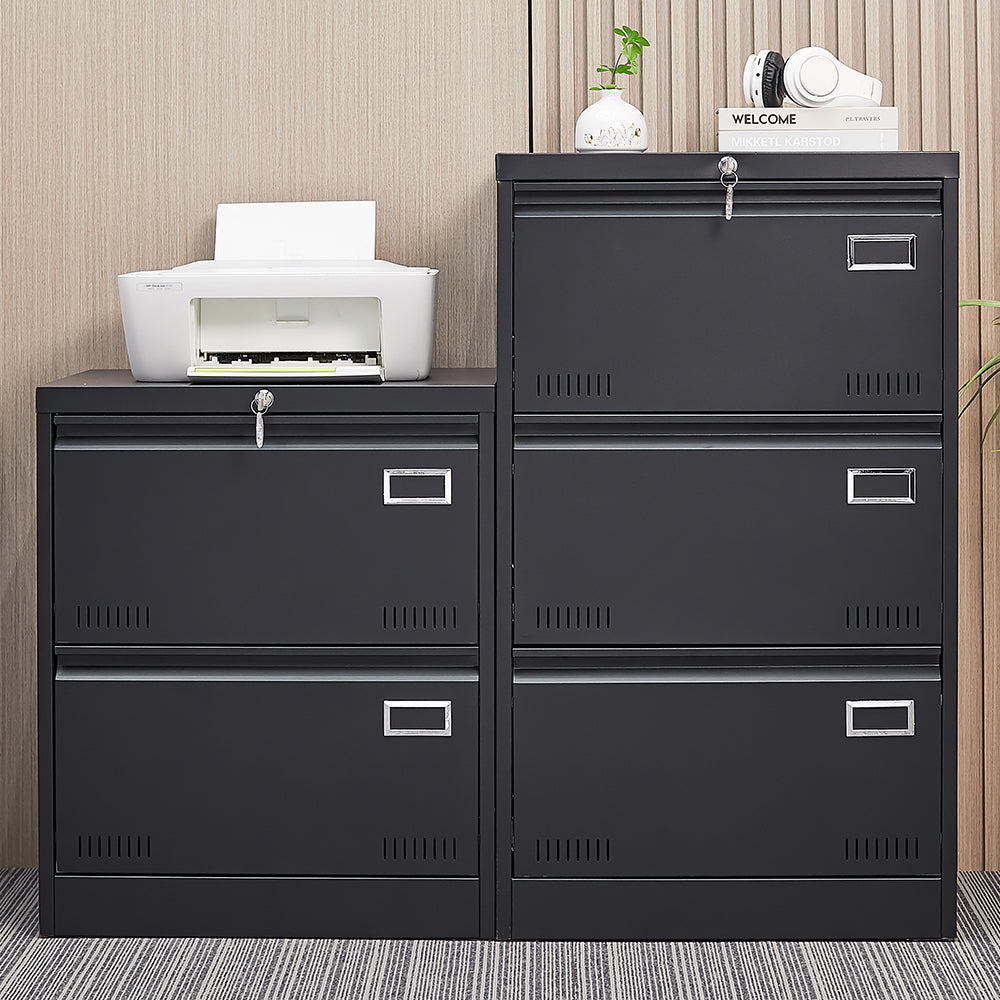 Black 2-Drawer Lateral File Cabinet with Lock – Metal Filing Cabinet for Legal, Letter, A4, F4 Documents, Home & Office Storage