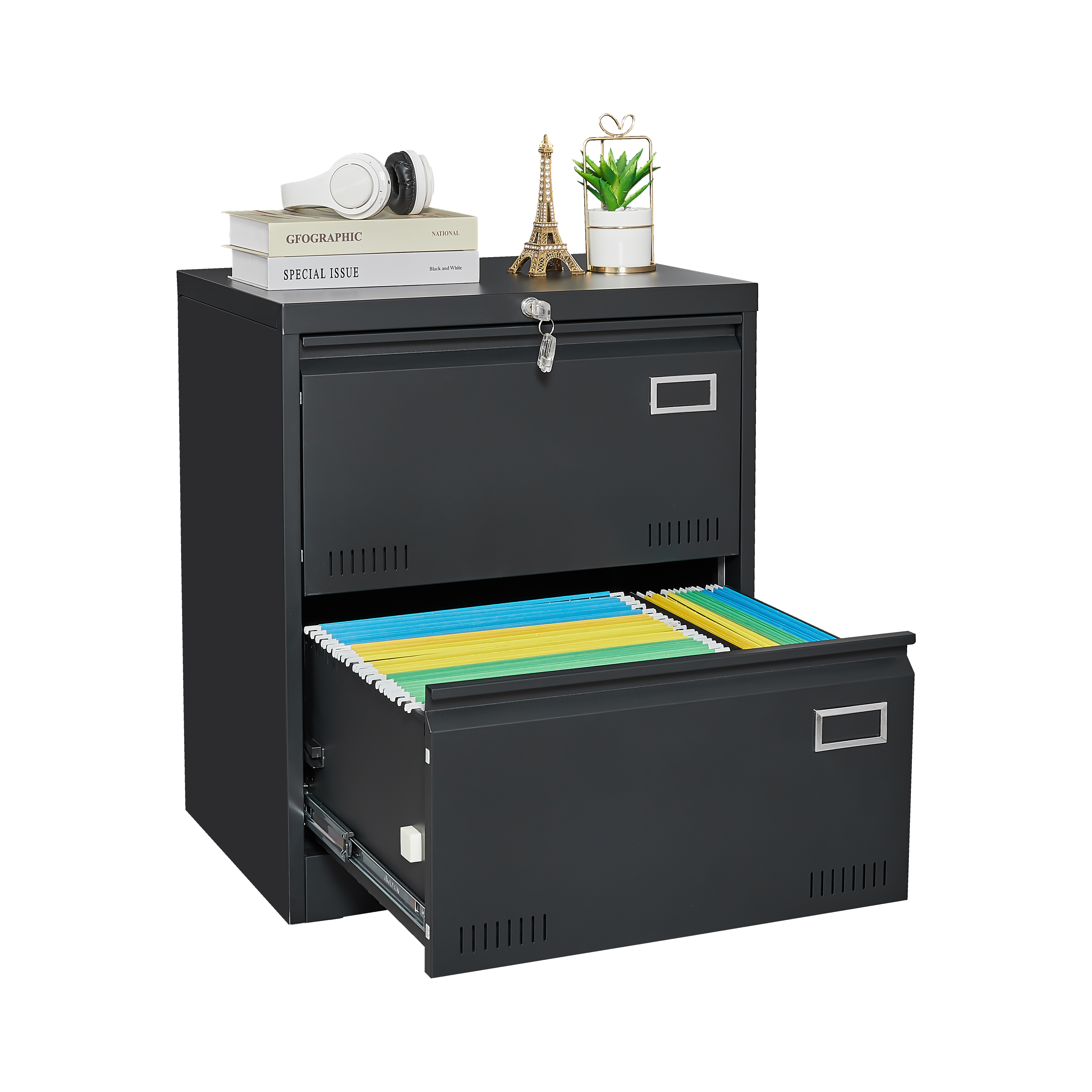 Black 2-Drawer Lateral File Cabinet with Lock β Metal Filing Cabinet for Legal, Letter, A4, F4 Documents, Home & Office Storage