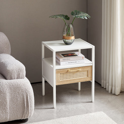 15.75'' Rattan End Table with Drawer – Modern White Nightstand with Metal Legs, Side Table for Living Room or Bedroom
