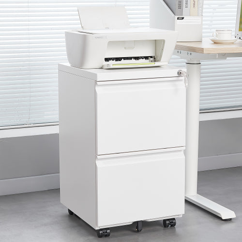 2 Drawer White Metal File Cabinet with Lock – Under Desk Rolling Filing Cabinet for Letter, Legal & A4 Files, Mobile Storage for Home Office
