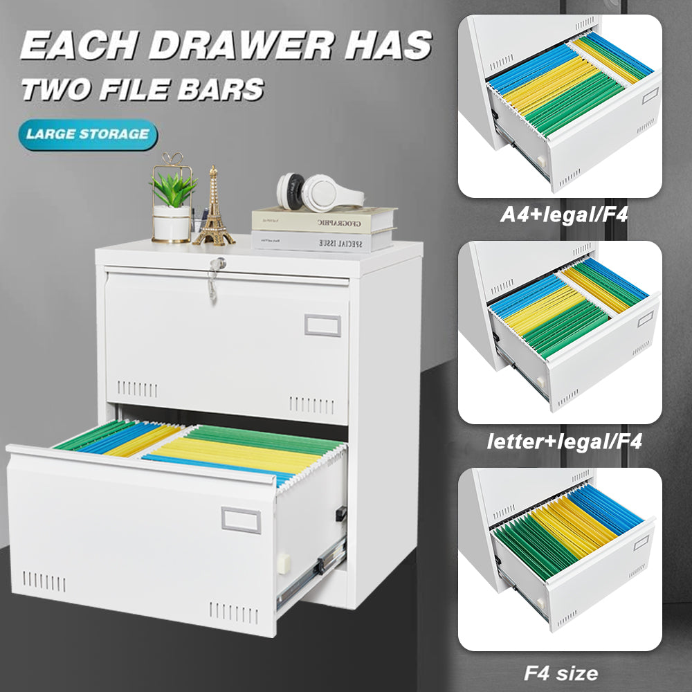 White 2-Drawer Lateral File Cabinet with Lock – Metal Filing Cabinet for Legal, Letter, A4, F4 Documents, Home & Office Storage