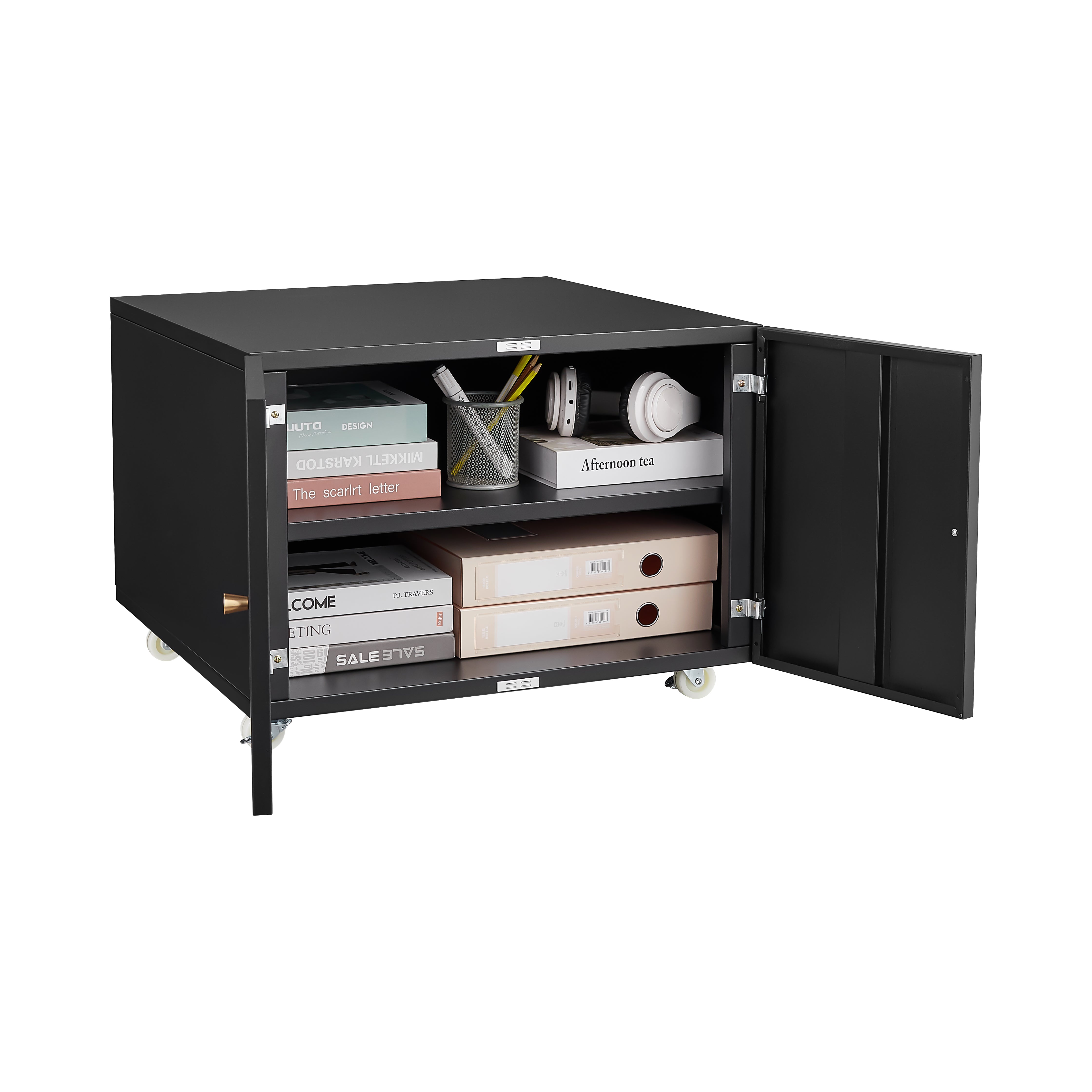 Black Rolling Printer Stand with Storage Cabinet, Adjustable Shelf & Door, Mobile File Cabinet on Wheels
