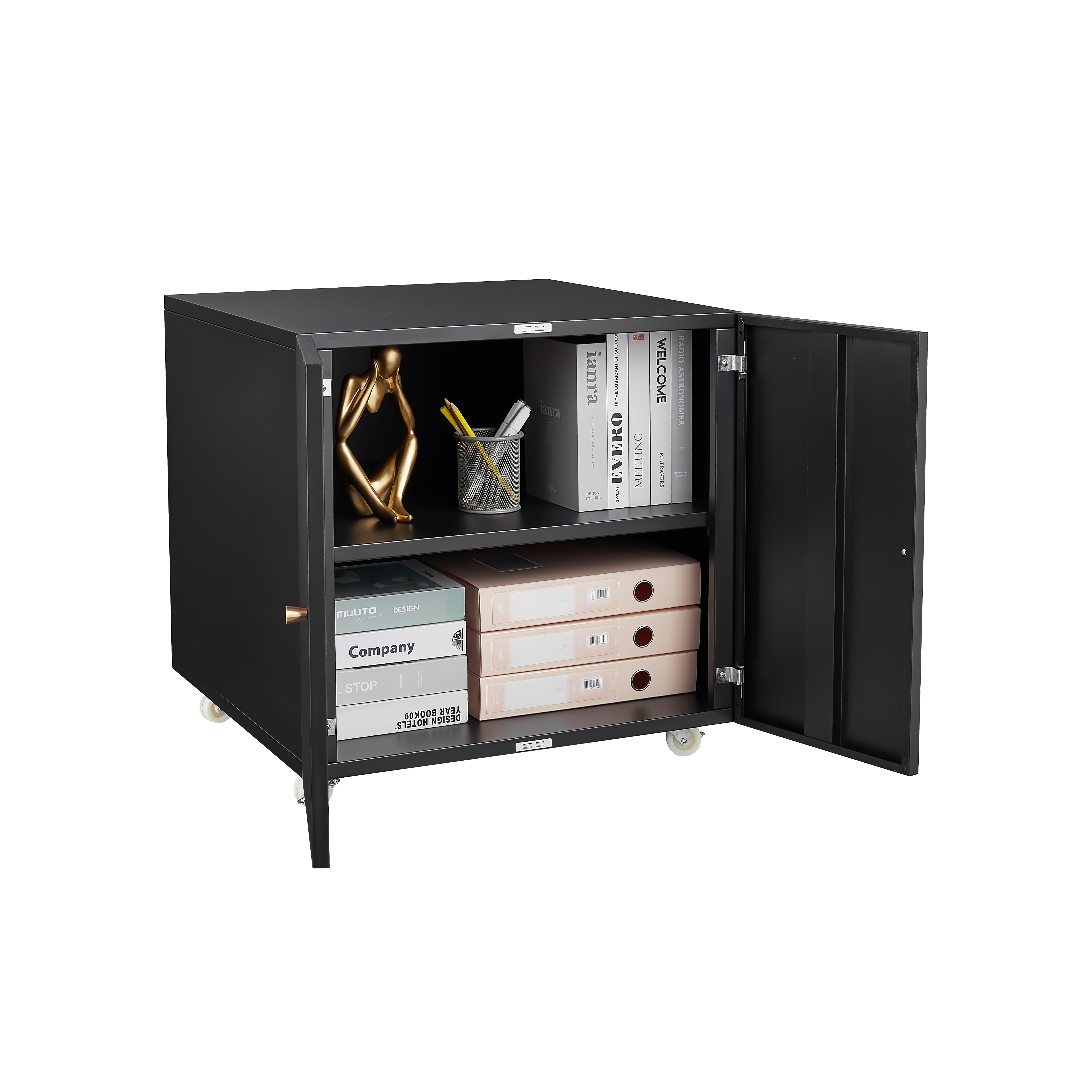 Metal Printer Stand with Storage Cabinet – Double Door Steel File Cabinet with Lockable Wheels for Home & Office
