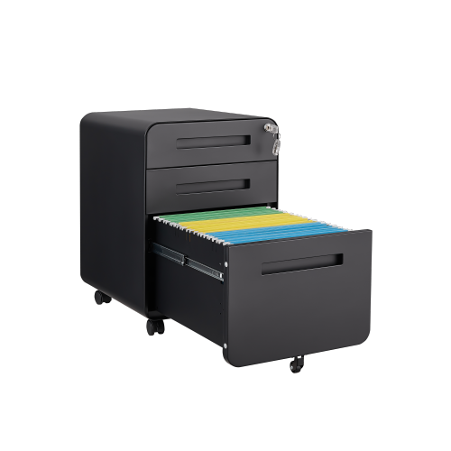 3 Drawer Black Metal Mobile File Cabinet with Lock – Under Desk Storage for Legal, Letter & A4 Files, 5 Wheel Anti-Tilt Design for Home Office