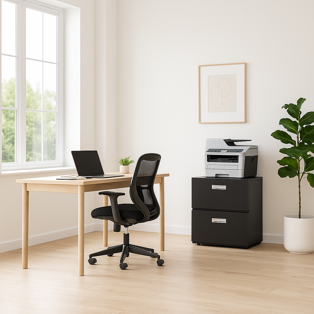 Black Steel Copier & Printer Cabinet with Wheels – 2-Door Mobile Filing Stand for Office