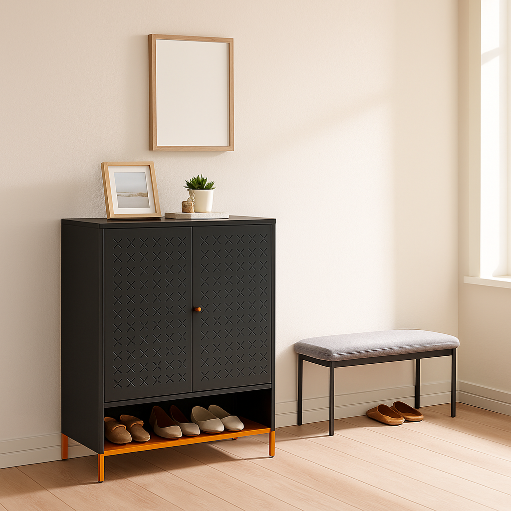 Modern Steel Shoe Cabinet with Double Doors – Black Storage Organizer with Adjustable Shelves & Open Bottom Rack for Entryway or Living Room