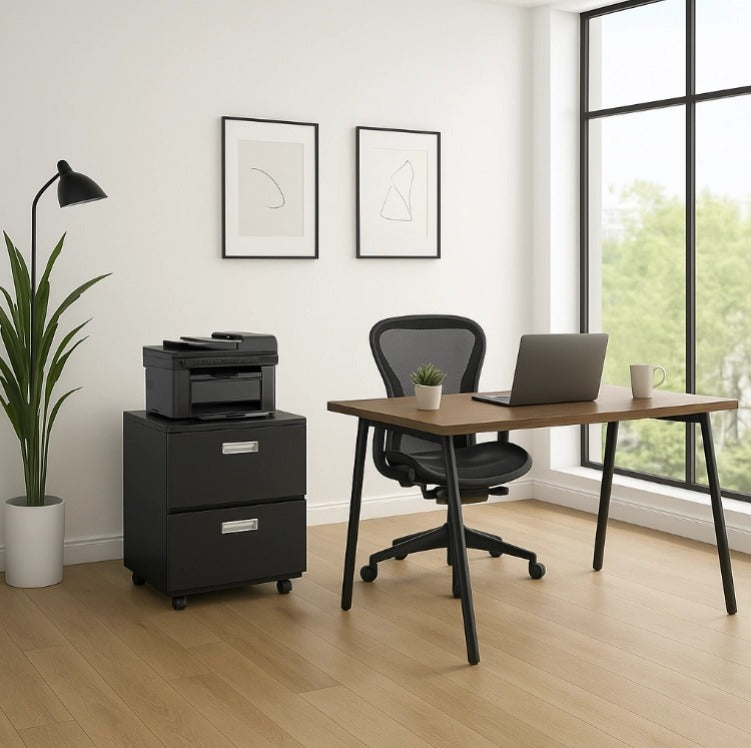 Black Steel Copier & Printer Cabinet with Wheels – 2-Door Mobile Filing Stand for Office