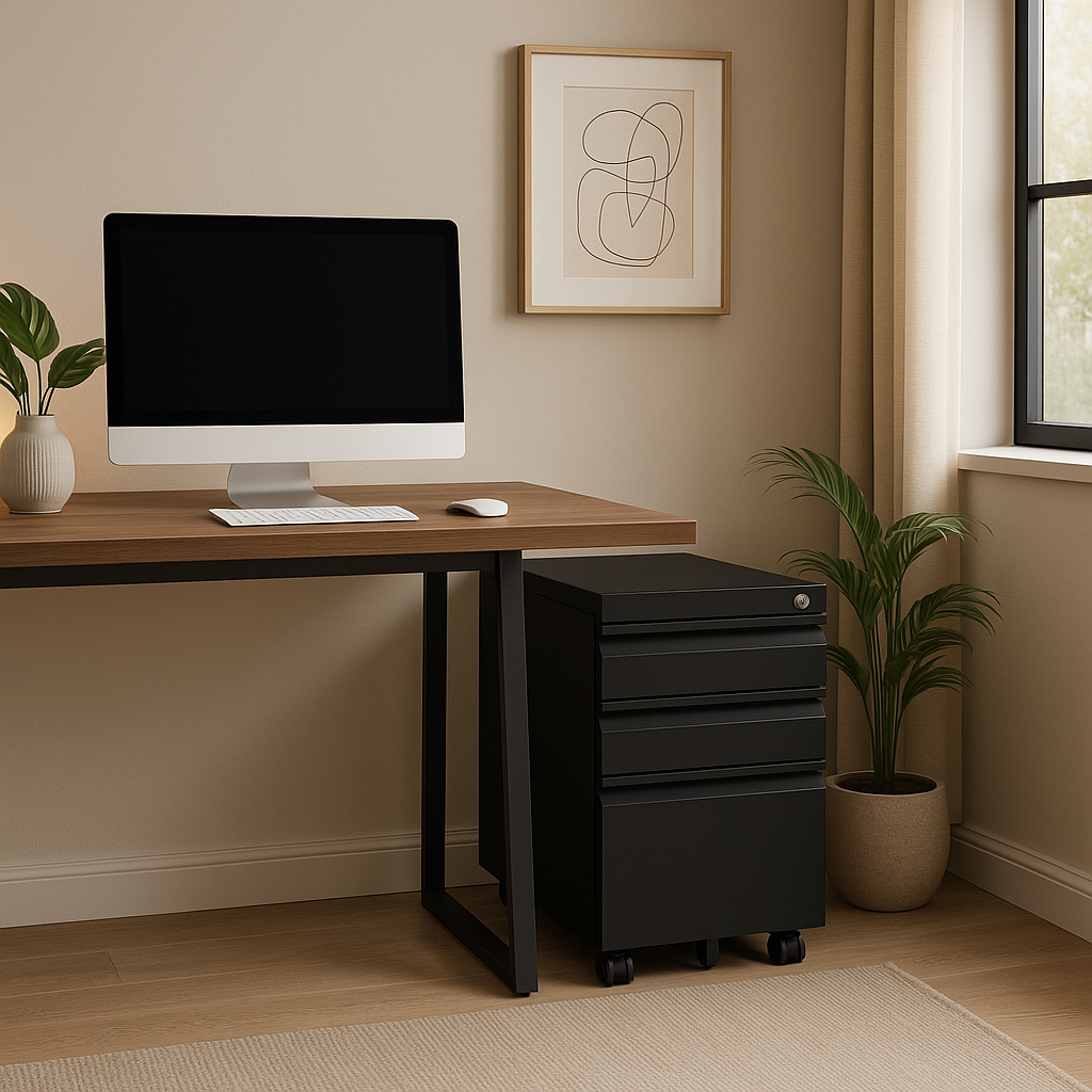 Black 3-Drawer Mobile Filing Cabinet with Lock – Metal Office Storage for Legal/Letter Files