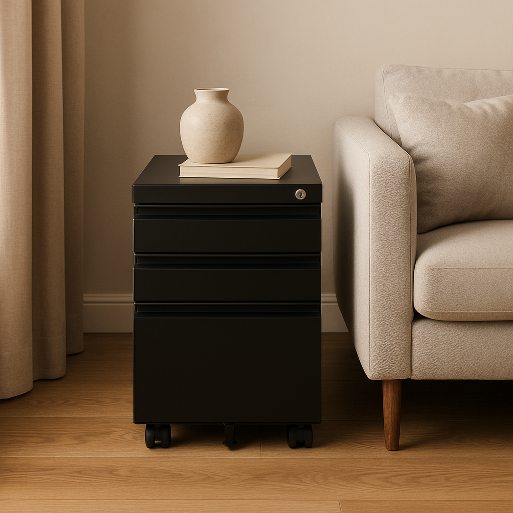 Black 3-Drawer Mobile Filing Cabinet with Lock – Metal Office Storage for Legal/Letter Files