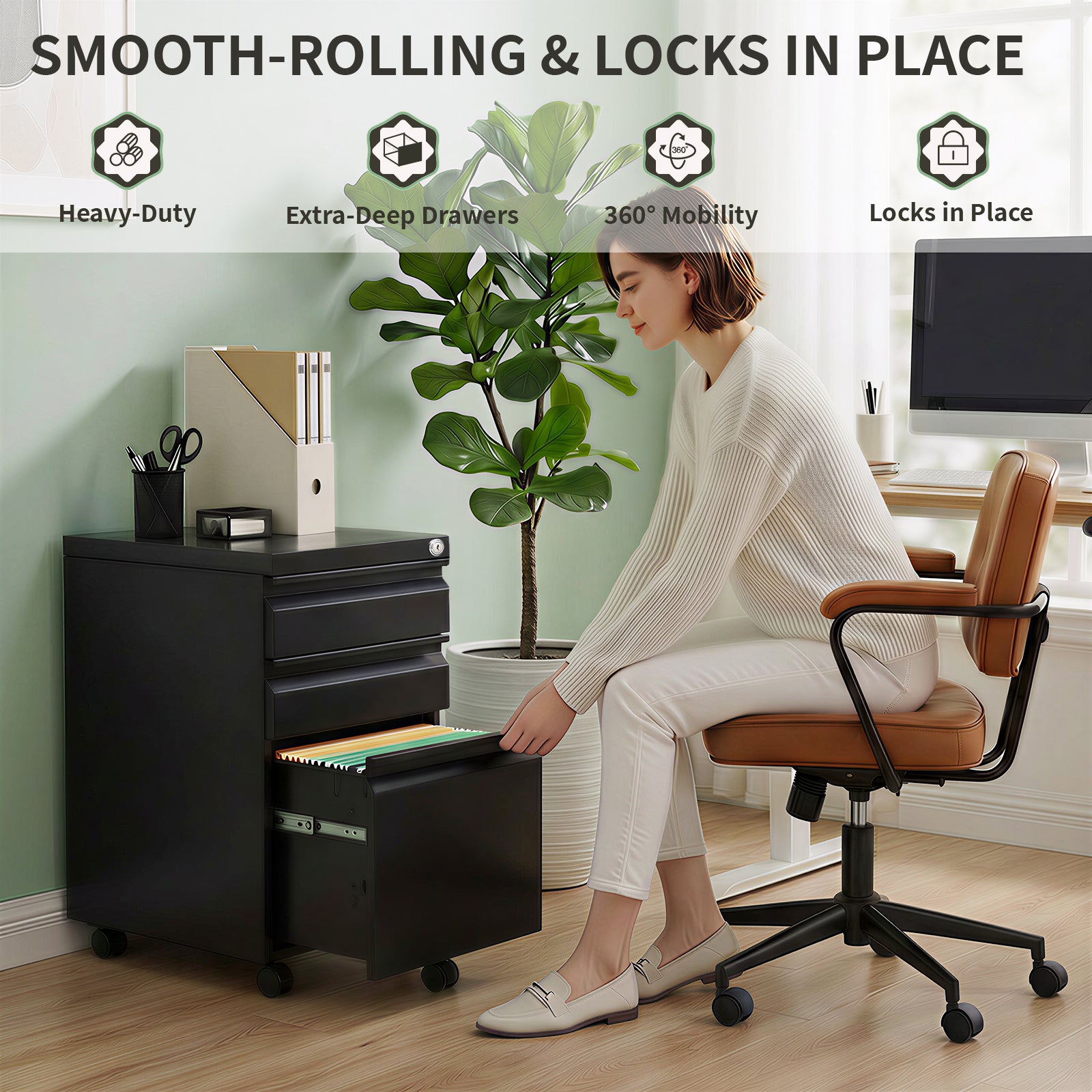 3-Drawer Mobile Metal File Cabinet with Lock