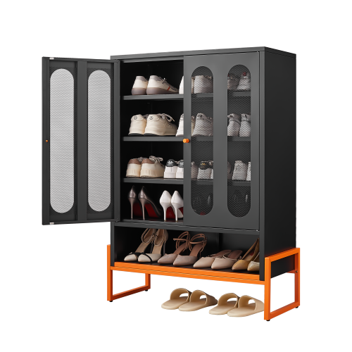 5.9'' High Foot Steel Shoe Cabinet with Double Mesh Doors – Adjustable Shelves, Hollow Base Moisture-Proof Design, Entryway Storage Organizer