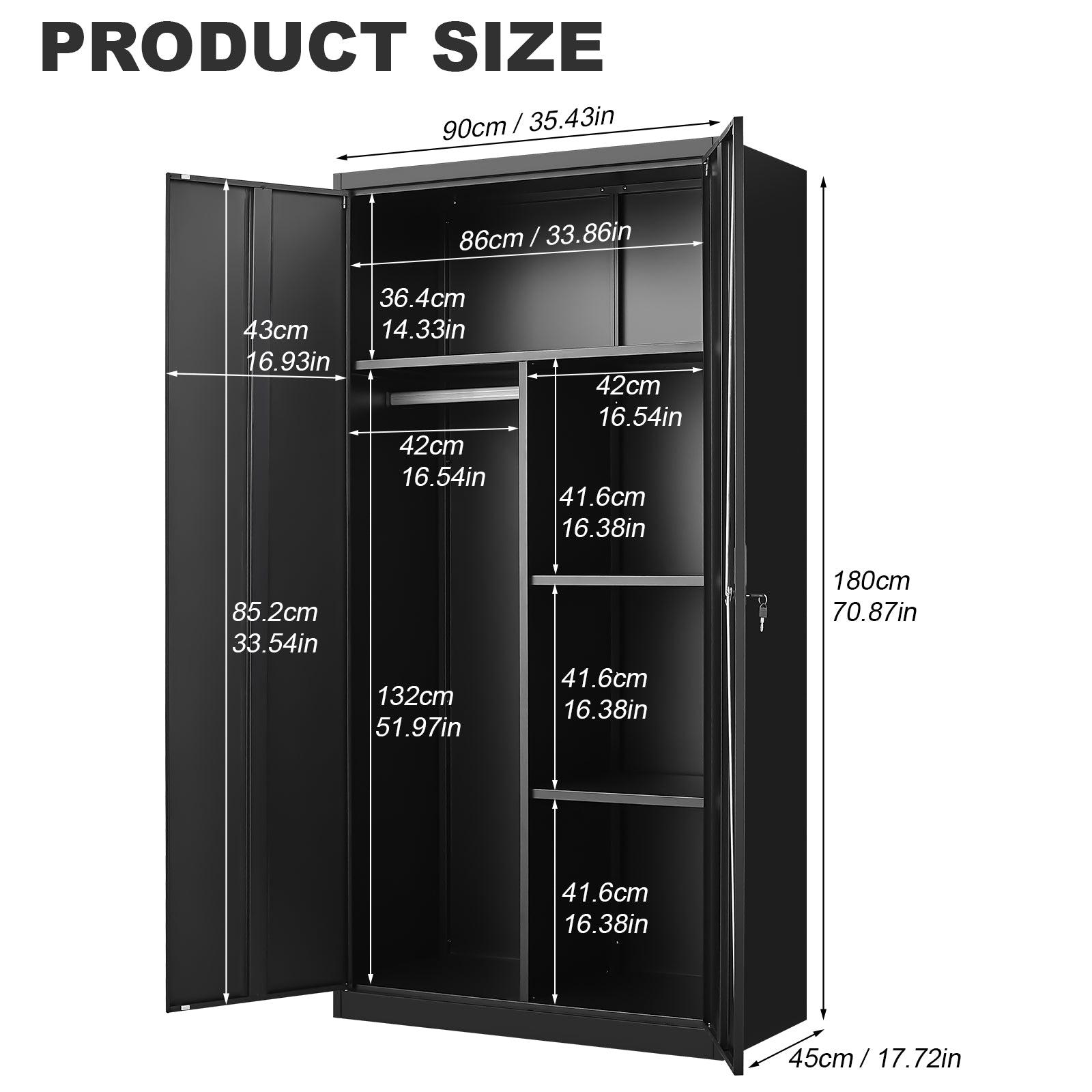 Black Metal Wardrobe with Compartments – Lockable Steel Storage Closet