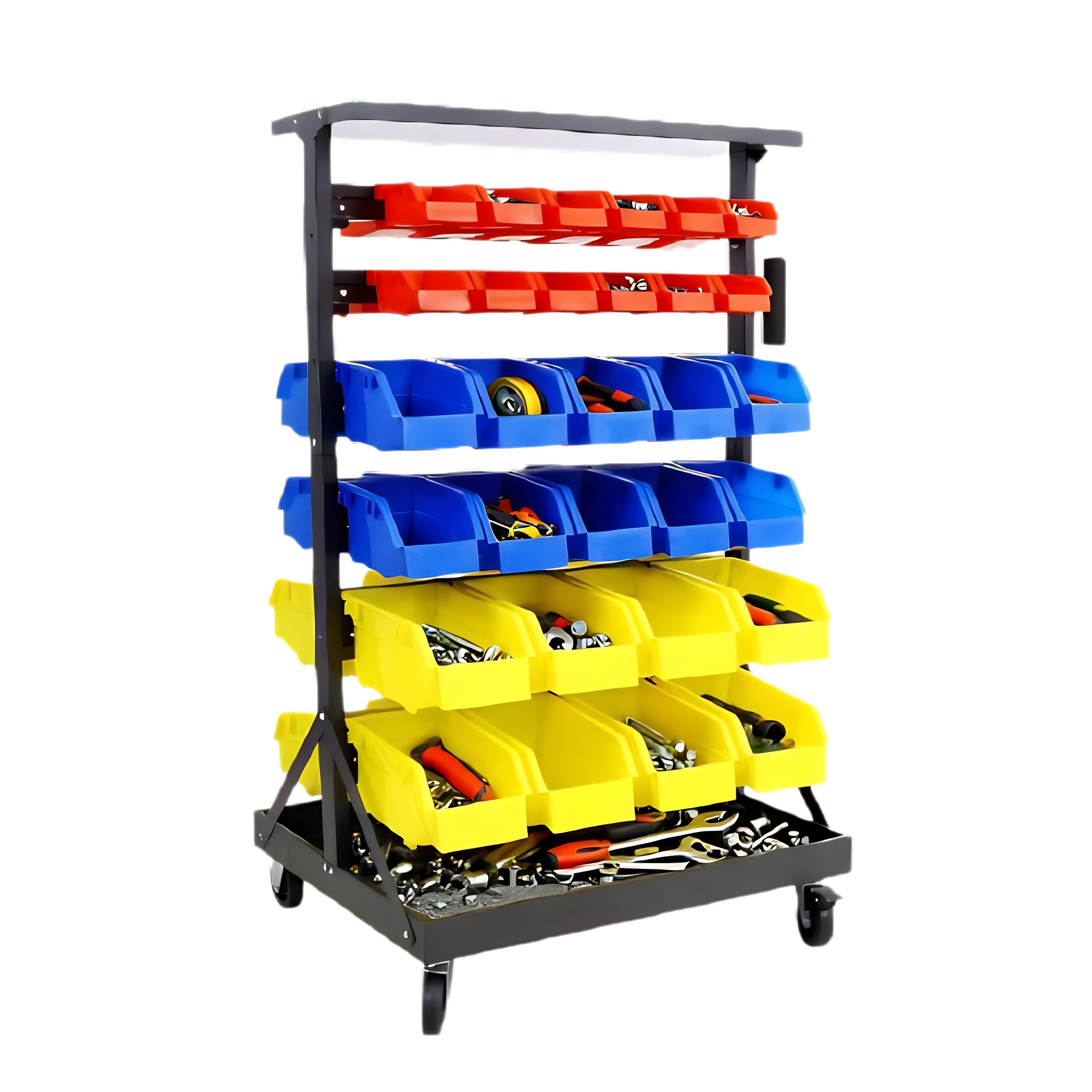 60 Parts Bin Rack – 6-Tier Dual-Sided Rolling Steel Shelf with Mobile Bins
