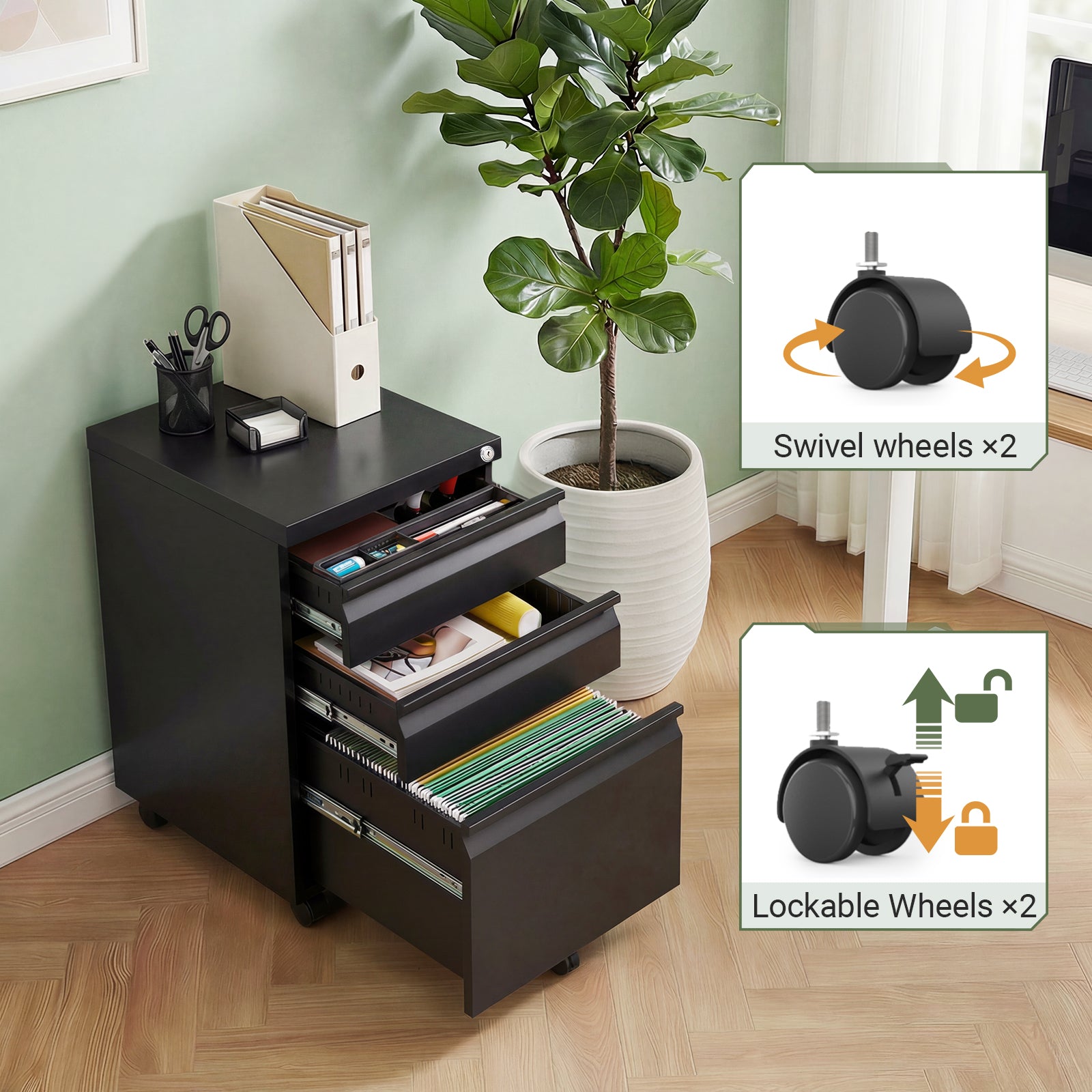 3-Drawer Mobile Metal File Cabinet with Lock