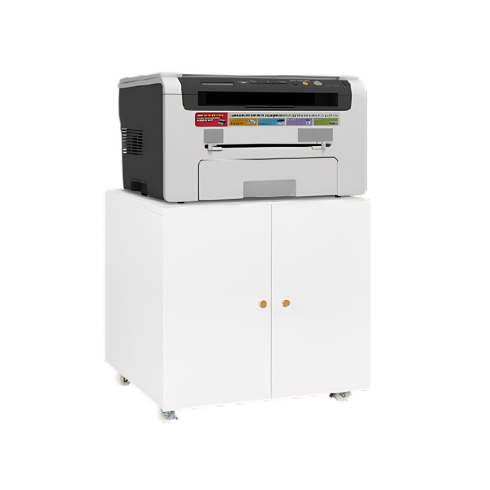 White Metal Mobile Printer Stand with Storage – Adjustable Shelf & Door, File Cabinet on Wheels