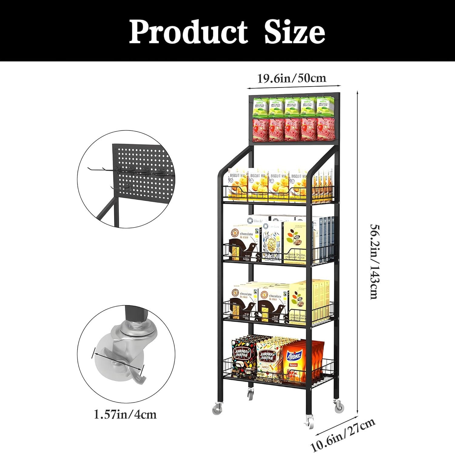 4-Tier Metal Snack Display Rack – Rolling Candy & Chip Storage Shelf