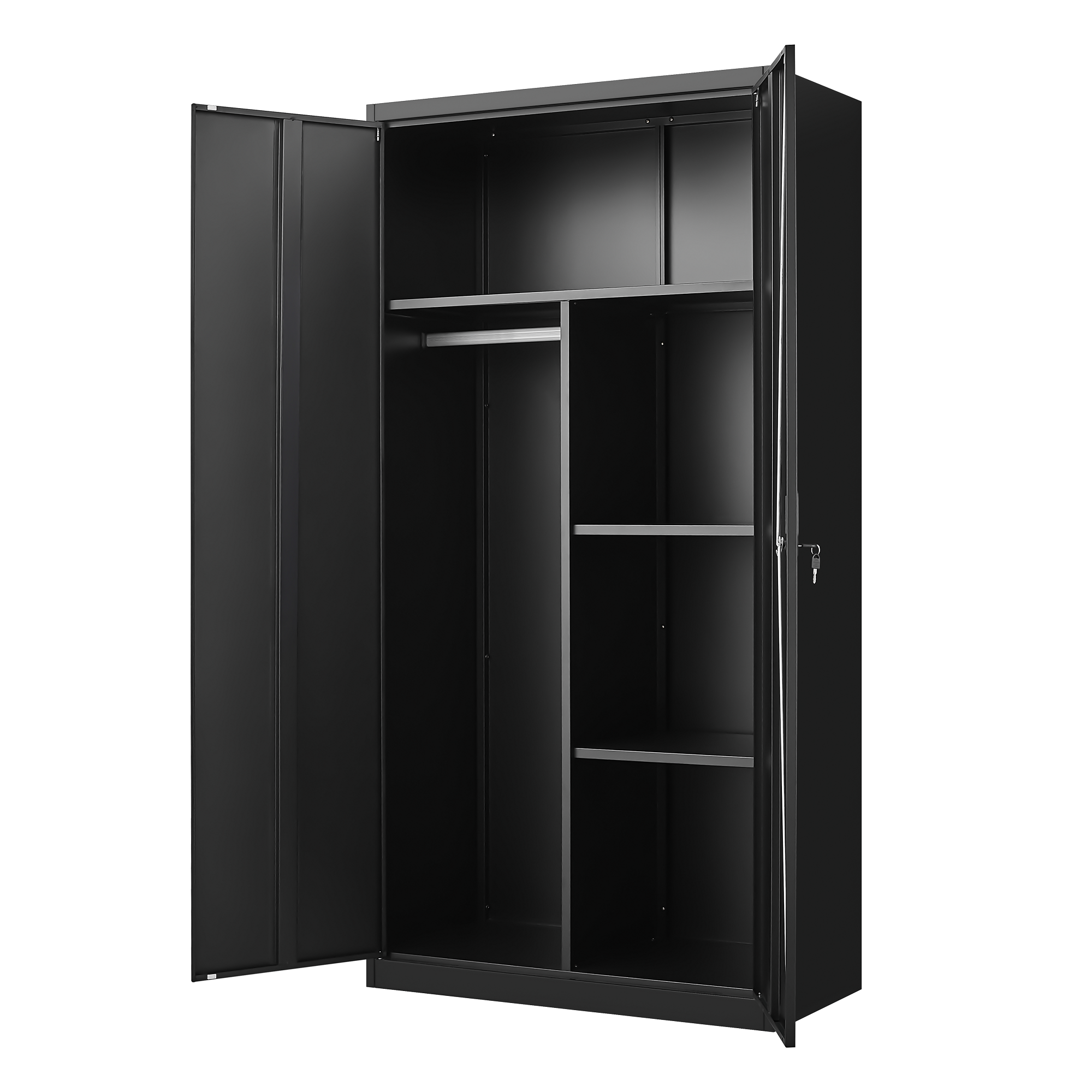Black Metal Wardrobe with Compartments – Lockable Steel Storage Closet