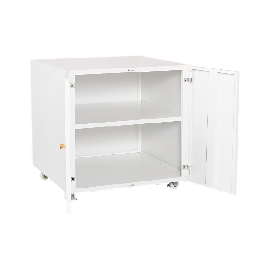 White Metal Mobile Printer Stand with Storage – Adjustable Shelf & Door, File Cabinet on Wheels