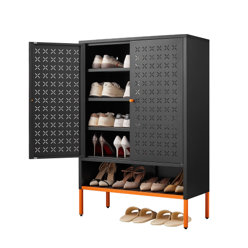 Modern Steel Shoe Cabinet with Double Doors – Black Storage Organizer with Adjustable Shelves & Open Bottom Rack for Entryway or Living Room