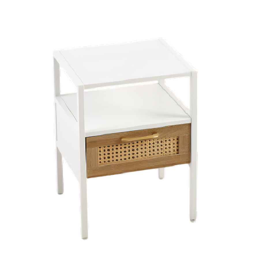 15.75'' Rattan End Table with Drawer – Modern White Nightstand with Metal Legs, Side Table for Living Room or Bedroom