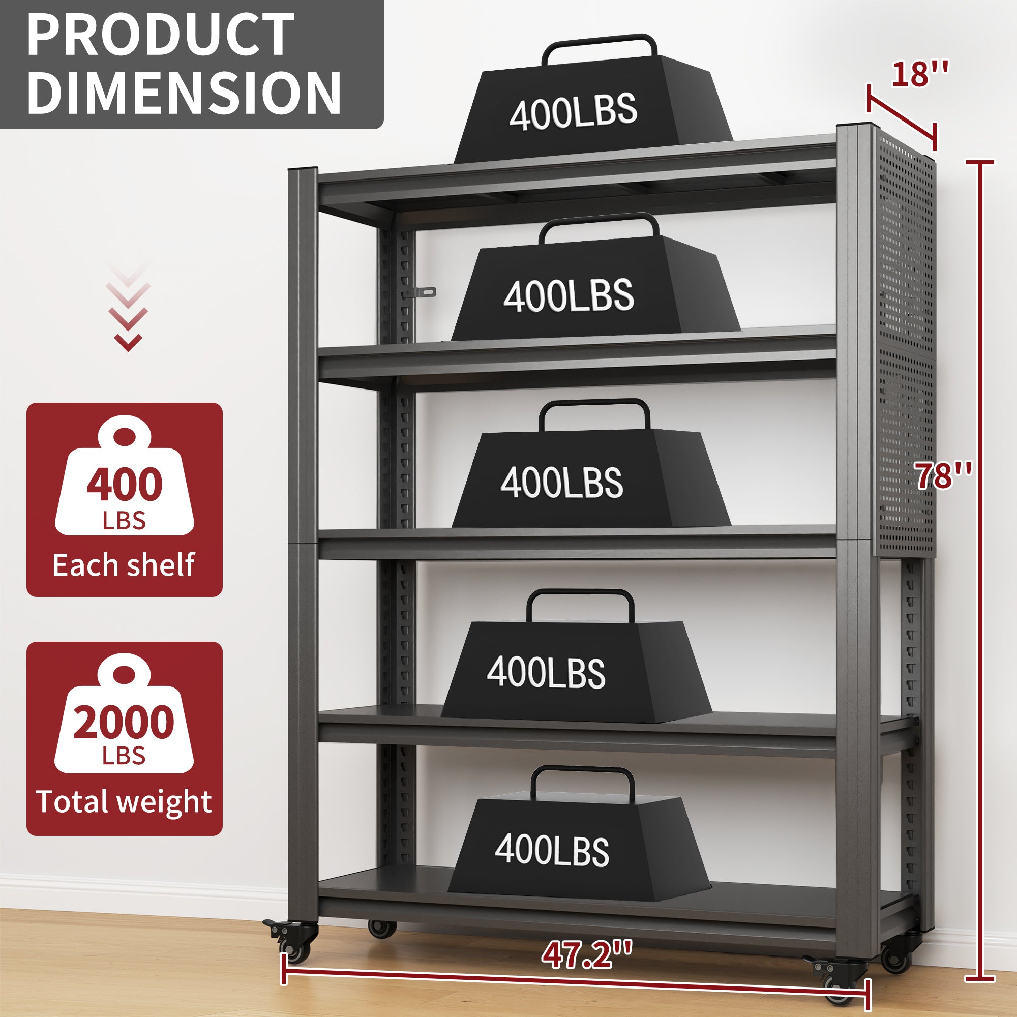 5-Tier Adjustable Heavy-Duty Metal Shelving with Pegboard & Wheels
