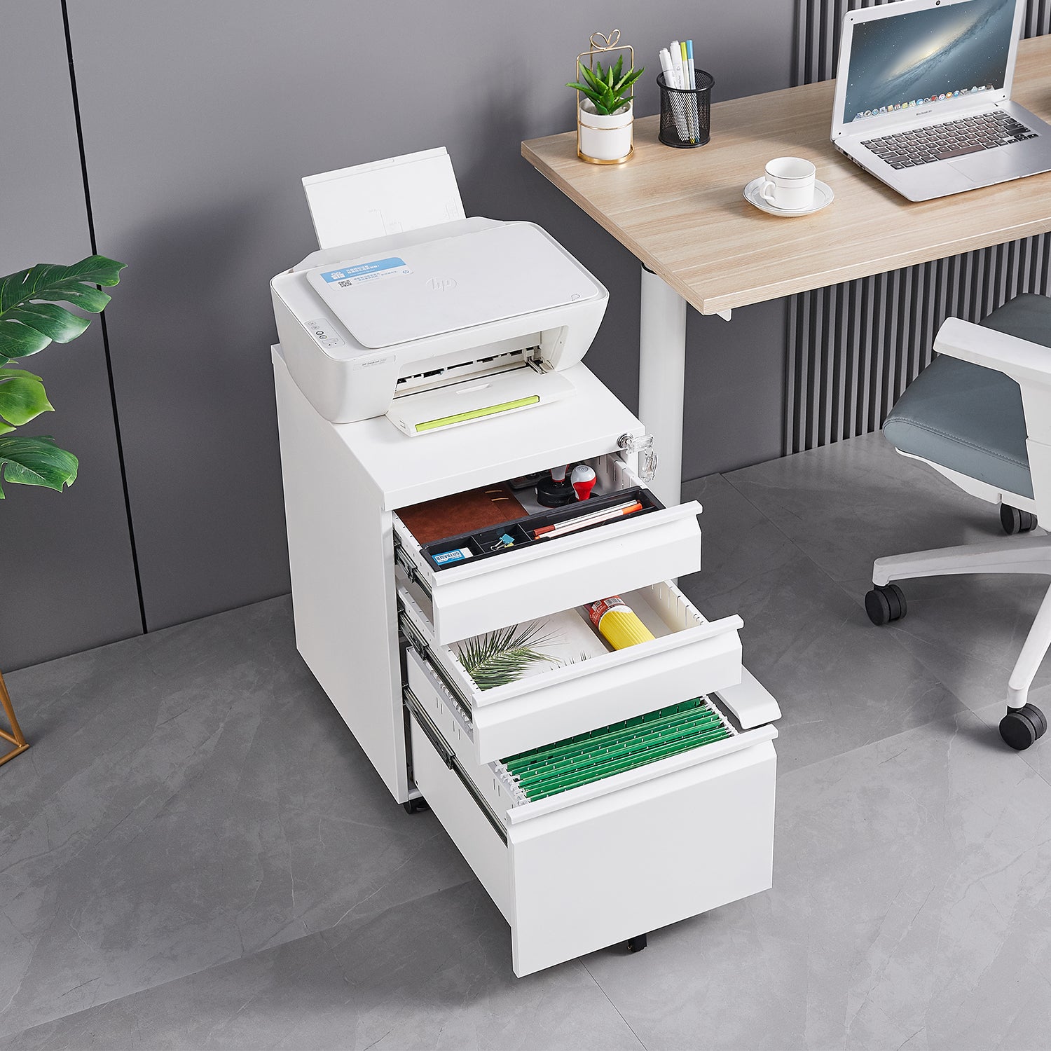 White 3-Drawer Mobile Filing Cabinet with Lock – Office Storage