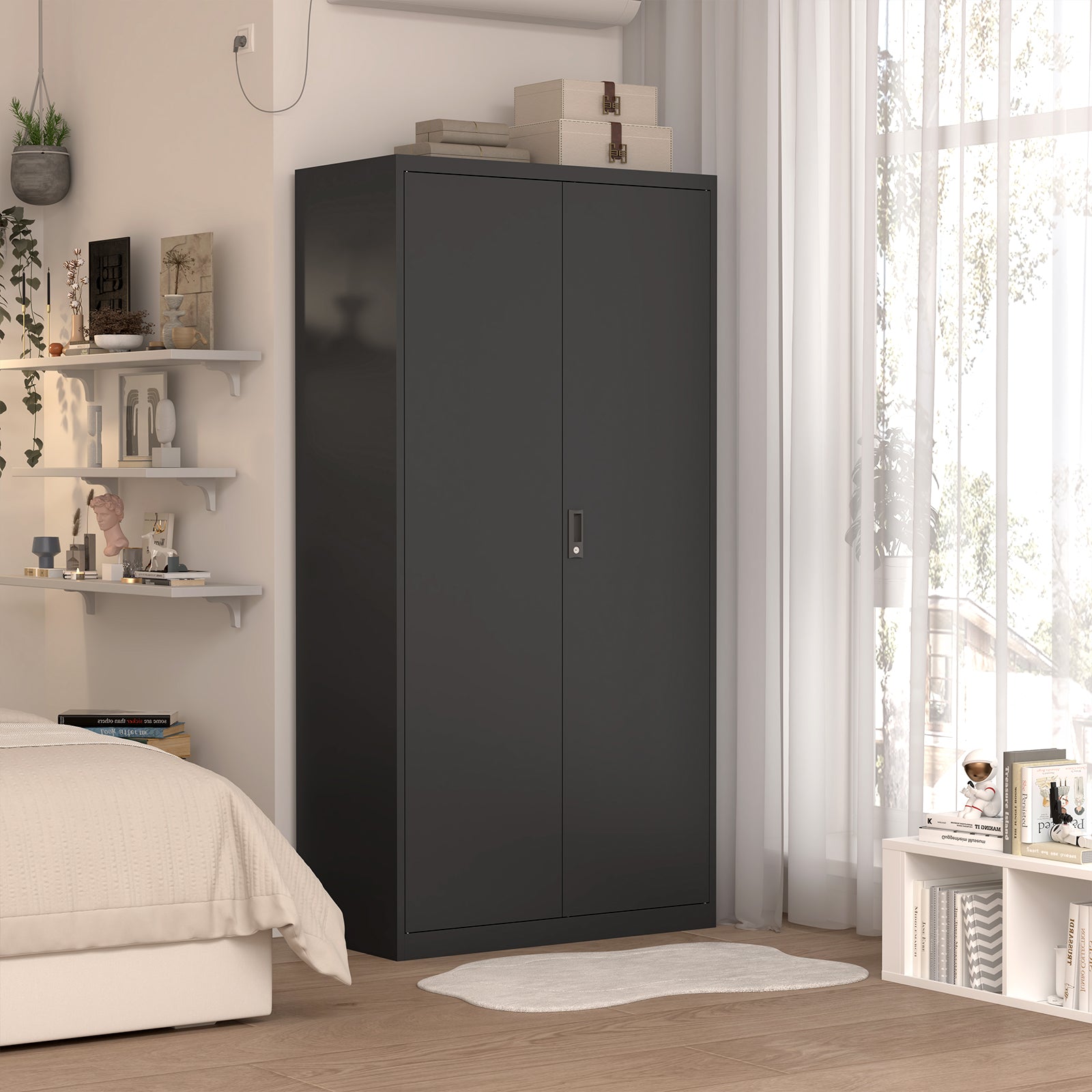Black Metal Wardrobe with Compartments – Lockable Steel Storage Closet