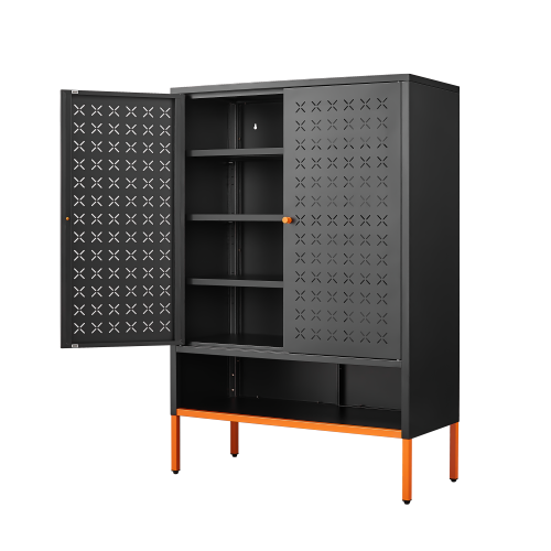 Modern Steel Shoe Cabinet with Double Doors – Black Storage Organizer with Adjustable Shelves & Open Bottom Rack for Entryway or Living Room