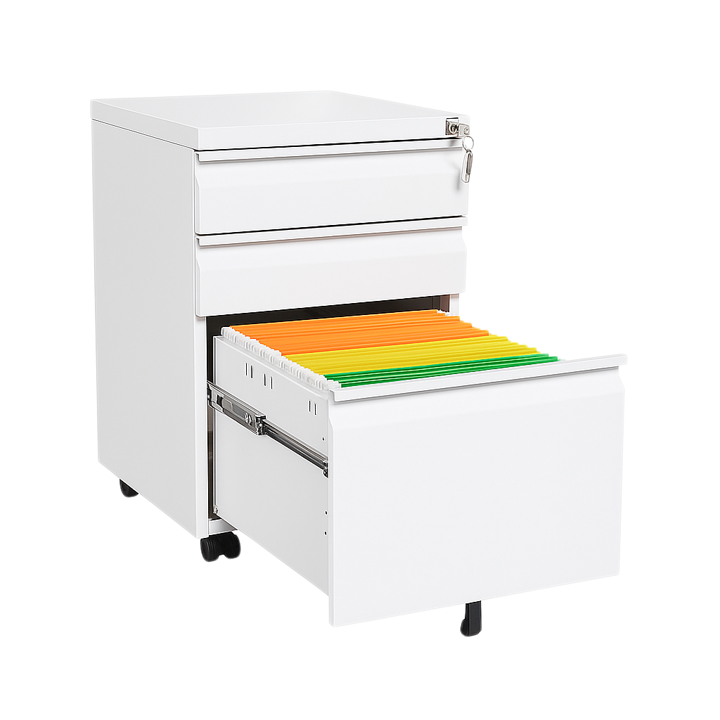 White 3-Drawer Mobile Filing Cabinet with Lock – Office Storage
