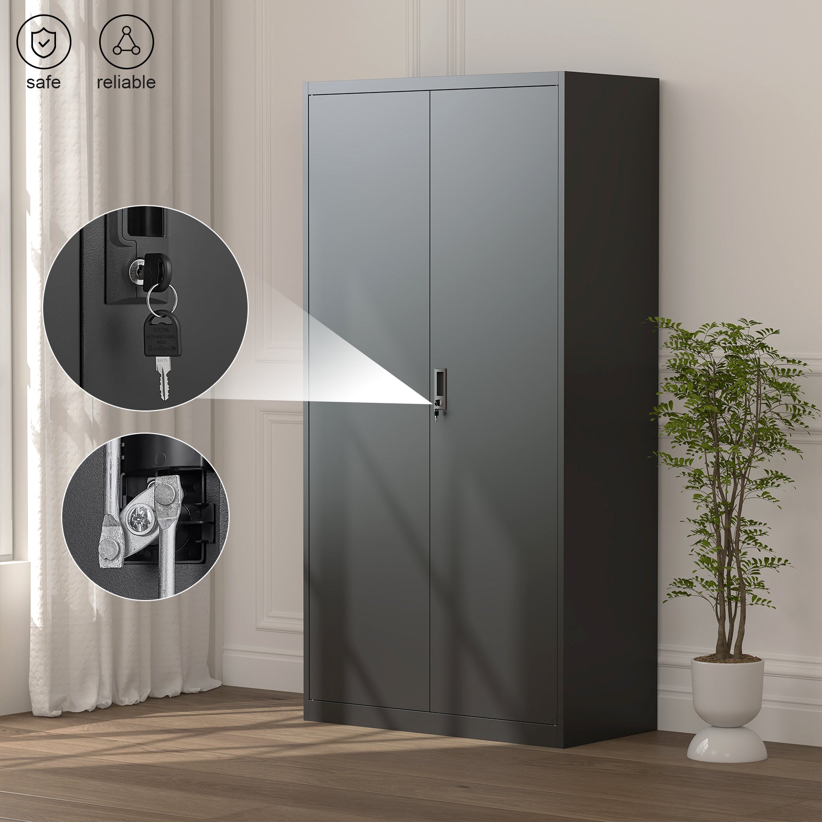 Black Metal Wardrobe with Compartments – Lockable Steel Storage Closet