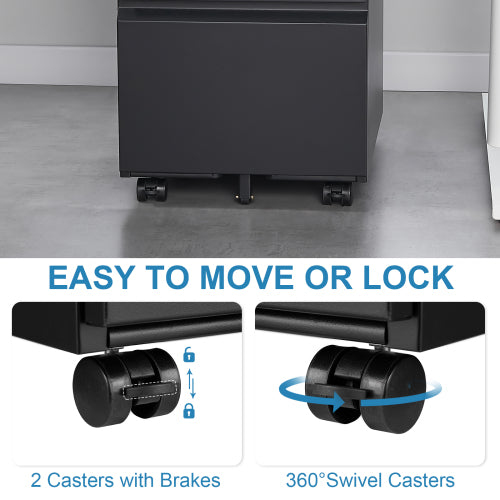 2 Drawer Metal File Cabinet with Lock – Under Desk Rolling Filing Cabinet for Letter, Legal & A4 Files, Mobile Storage for Home Office (Black)