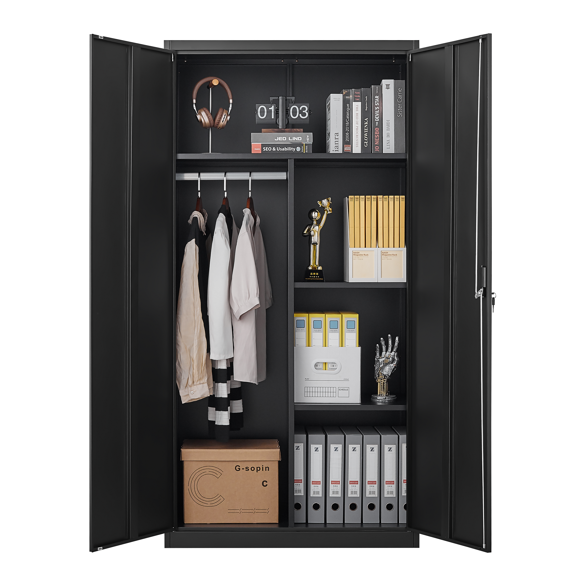 Black Metal Wardrobe with Compartments – Lockable Steel Storage Closet