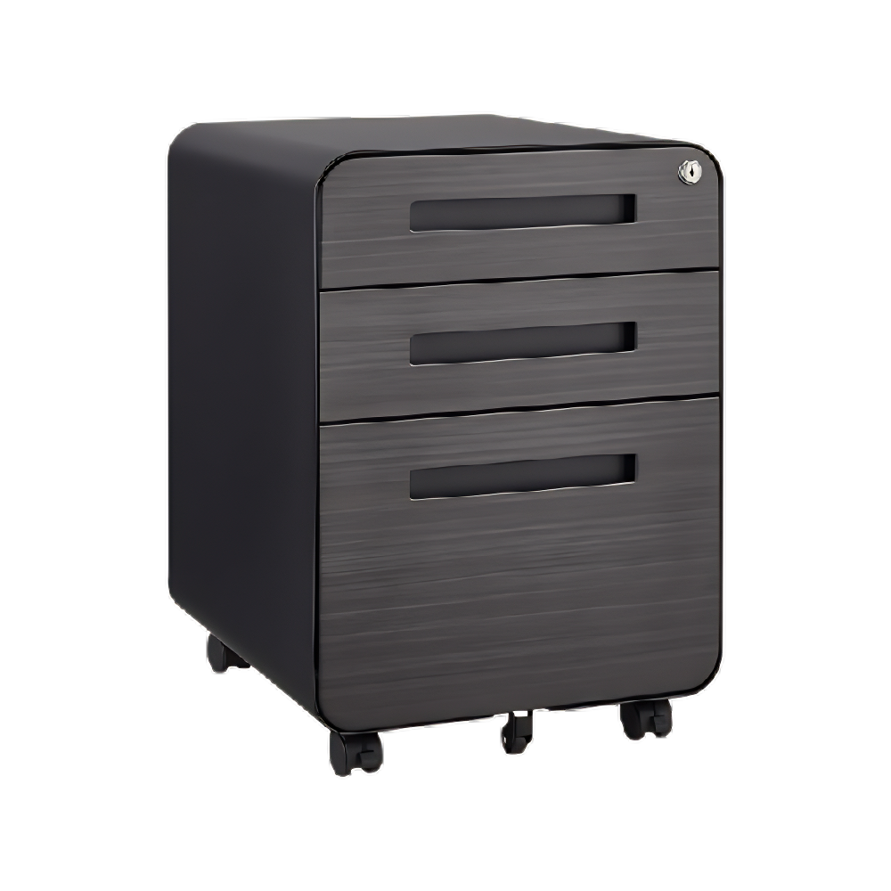3 Drawer Black Wood Grain Metal Mobile File Cabinet – Under Desk Storage for Legal, Letter & A4 Files, 5 Wheel Anti-Tilt Design for Home Office