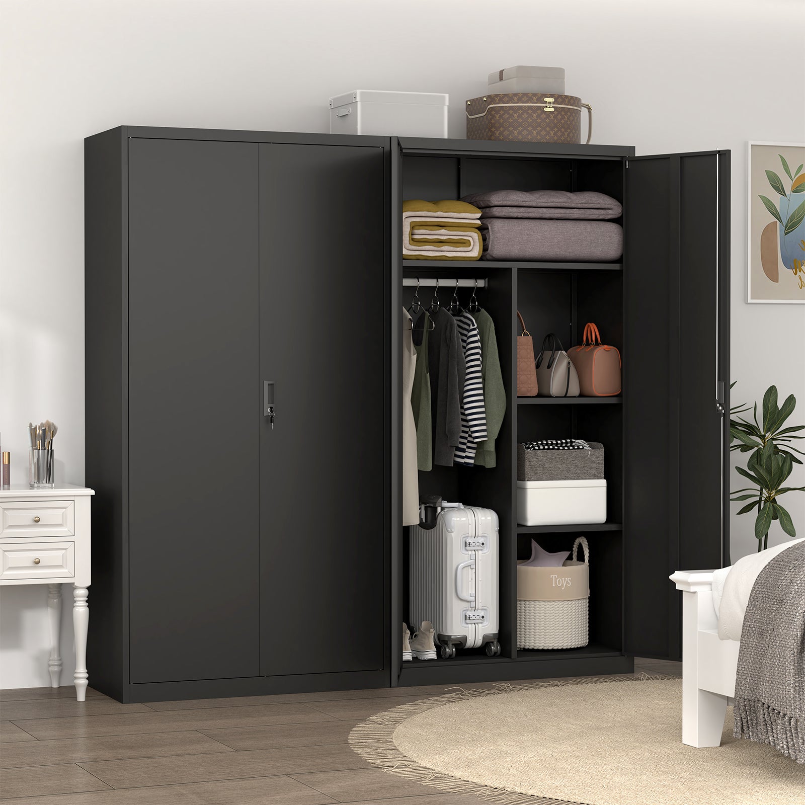 Black Metal Wardrobe with Compartments – Lockable Steel Storage Closet