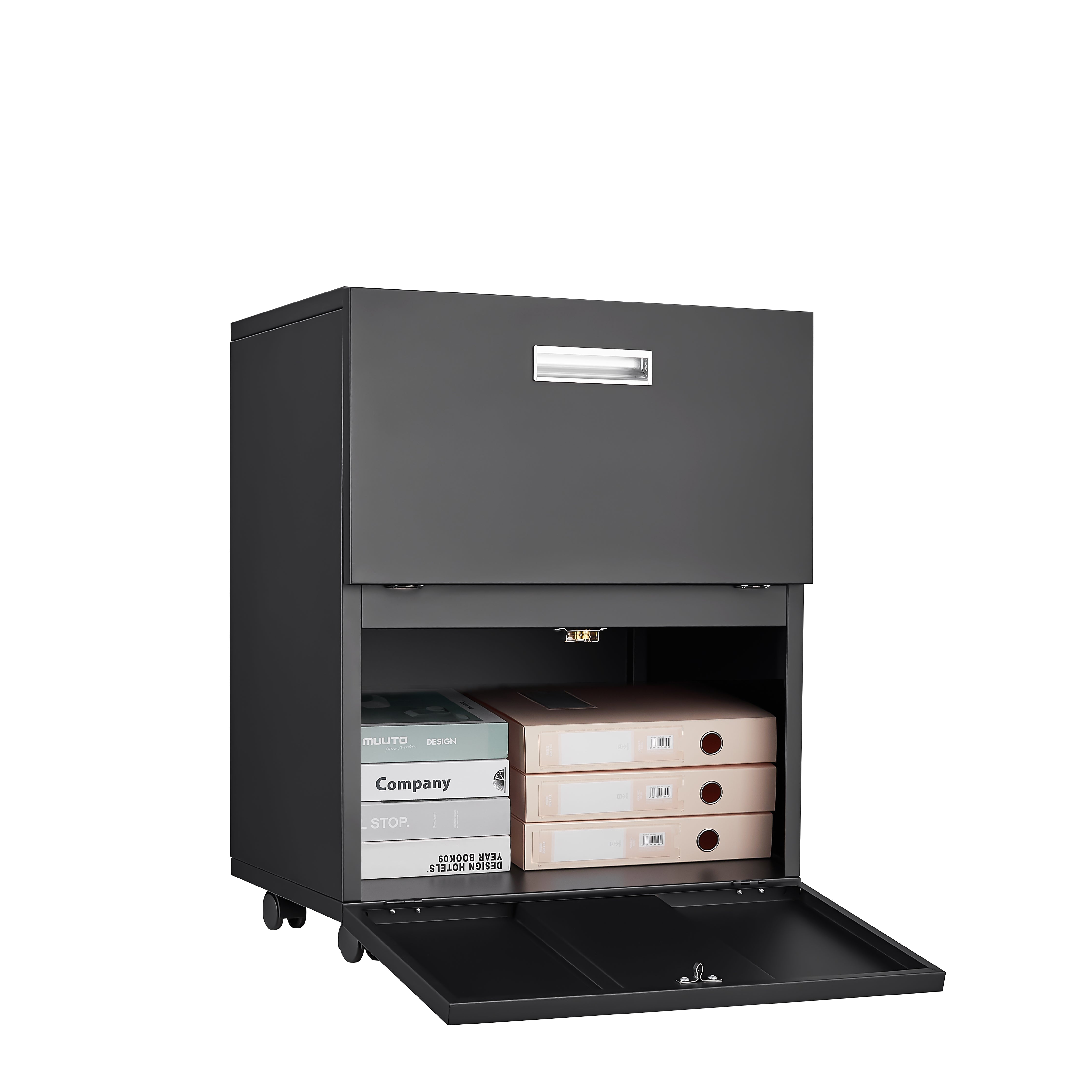 Black Steel Copier & Printer Cabinet with Wheels – 2-Door Mobile Filing Stand for Office