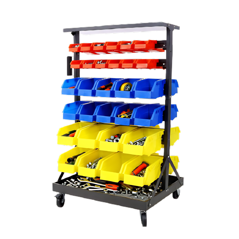 60 Parts Bin Rack – 6-Tier Dual-Sided Rolling Steel Shelf with Mobile Bins