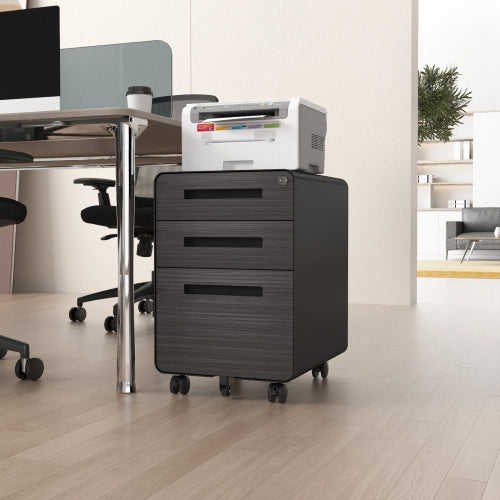 3 Drawer Black Wood Grain Metal Mobile File Cabinet – Under Desk Storage for Legal, Letter & A4 Files, 5 Wheel Anti-Tilt Design for Home Office