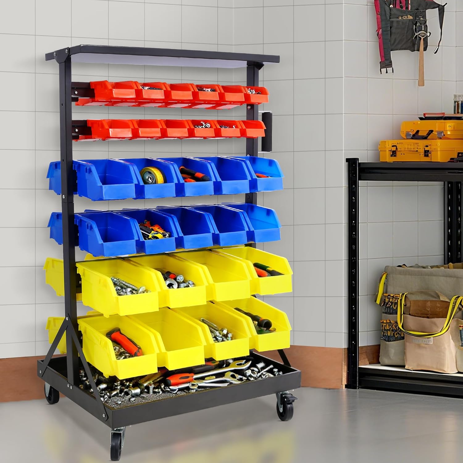 60 Parts Bin Rack – 6-Tier Dual-Sided Rolling Steel Shelf with Mobile Bins