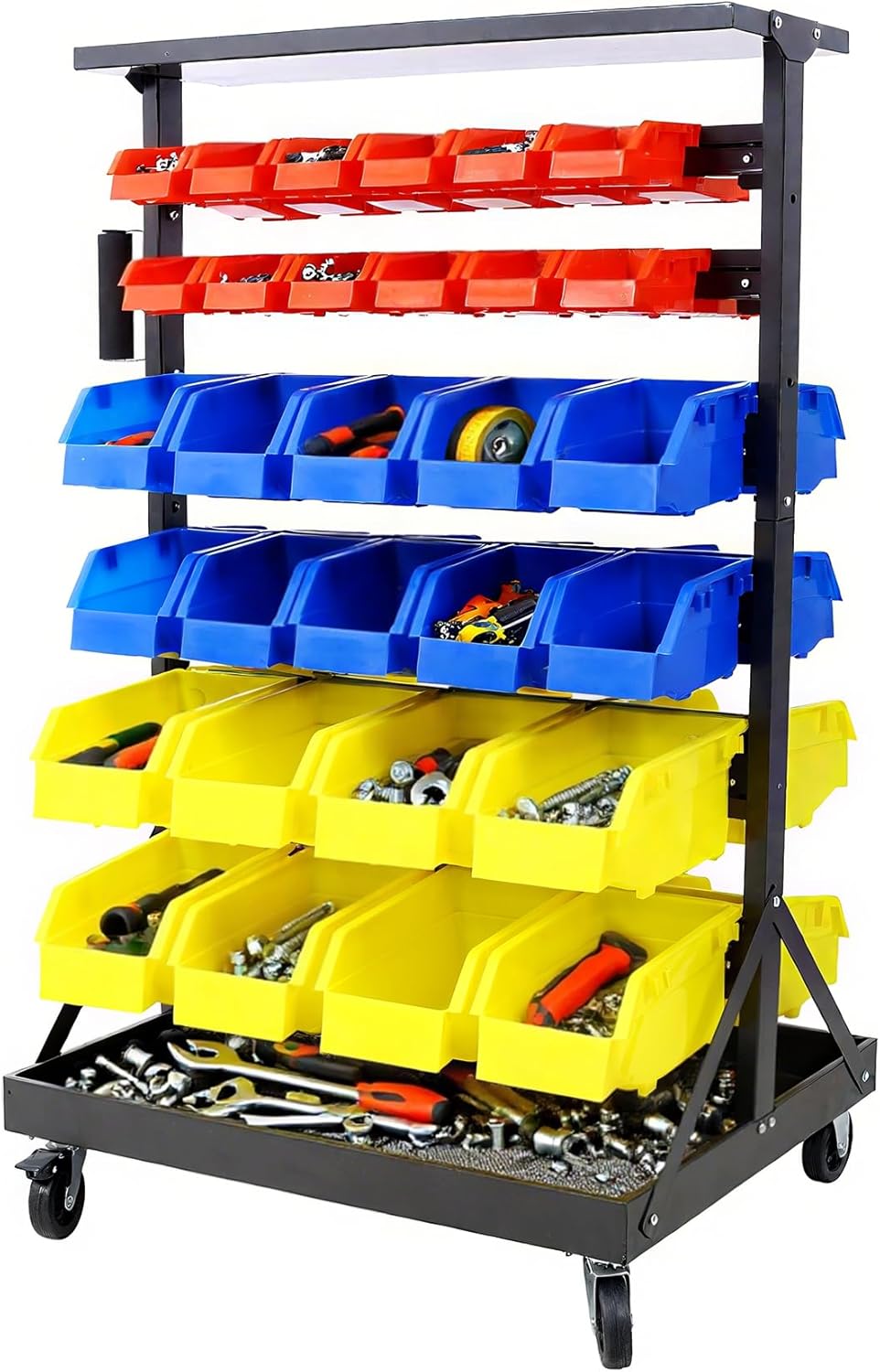 60 Parts Bin Rack – 6-Tier Dual-Sided Rolling Steel Shelf with Mobile Bins