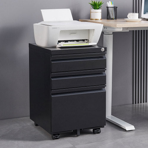 Black 3-Drawer Mobile Filing Cabinet with Lock – Metal Office Storage for Legal/Letter Files