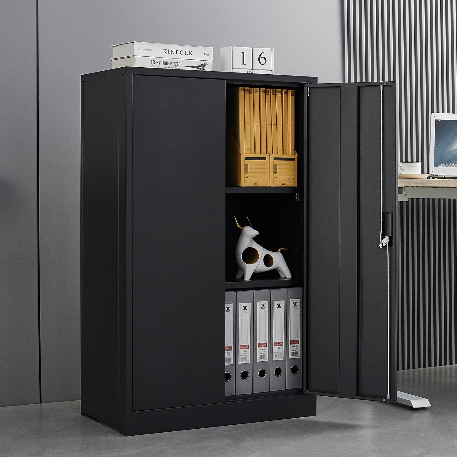 Black Metal Folding Storage Cabinet with Locking Doors – Adjustable Shelf, Easy Assembly & Lightweight Design