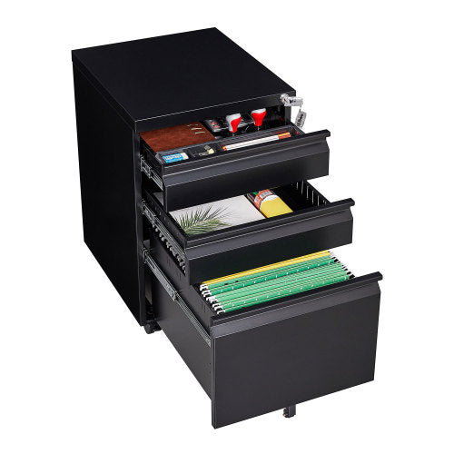 Black 3-Drawer Mobile Filing Cabinet with Lock – Metal Office Storage for Legal/Letter Files