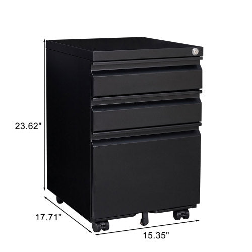 Black 3-Drawer Mobile Filing Cabinet with Lock – Metal Office Storage for Legal/Letter Files
