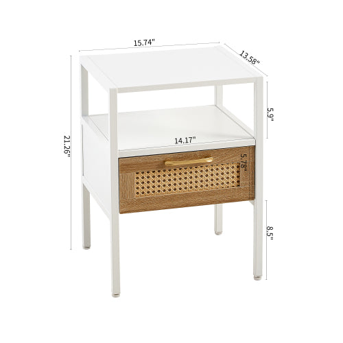 15.75'' Rattan End Table with Drawer – Modern White Nightstand with Metal Legs, Side Table for Living Room or Bedroom